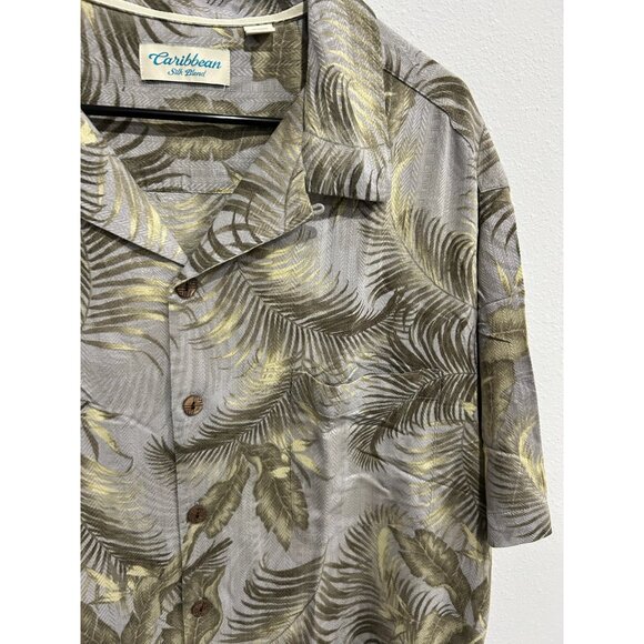 Caribbean Silk Blend Leaf Button Front Shirt Sz 2XB Gray Green Tropical Beach - Picture 4 of 10